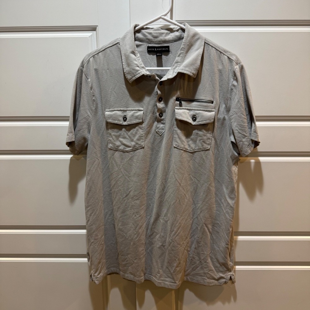 Rock & Republic Polo Shirt Two Pocket Short Sleeve Casual‎ Gray Mens L